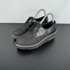 Clarks Airabell Tye Oxford Wedge Black Plaid Leather Shoes Ladies Size 6